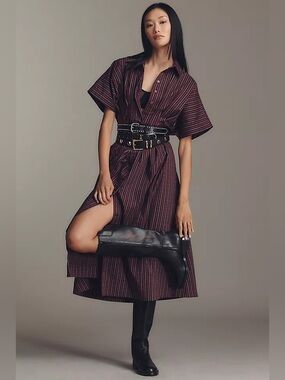 Anthropologie Burgundy and Black Striped Maxi Shirt Dress